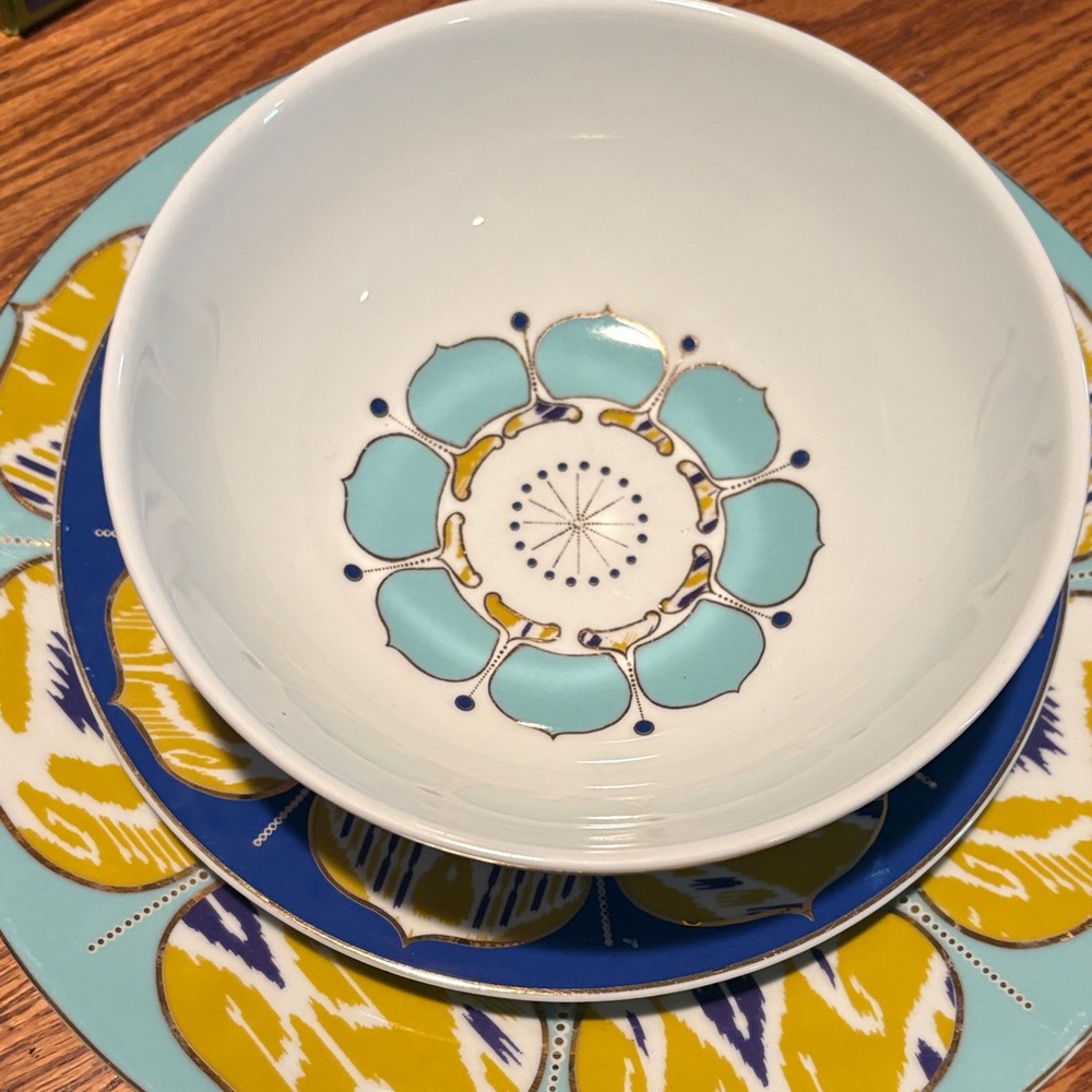 Anthropologie Blue and Yellow Floral Dinnerware Set